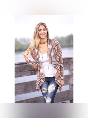 Vanilla bay Boutique Tan & Pink Plaid Elbow Patch Open Cardigan